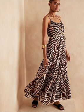 Banana Republic Canna 100% Silk Maxi Dress Zebra Animal Print Tiered Xs Petite